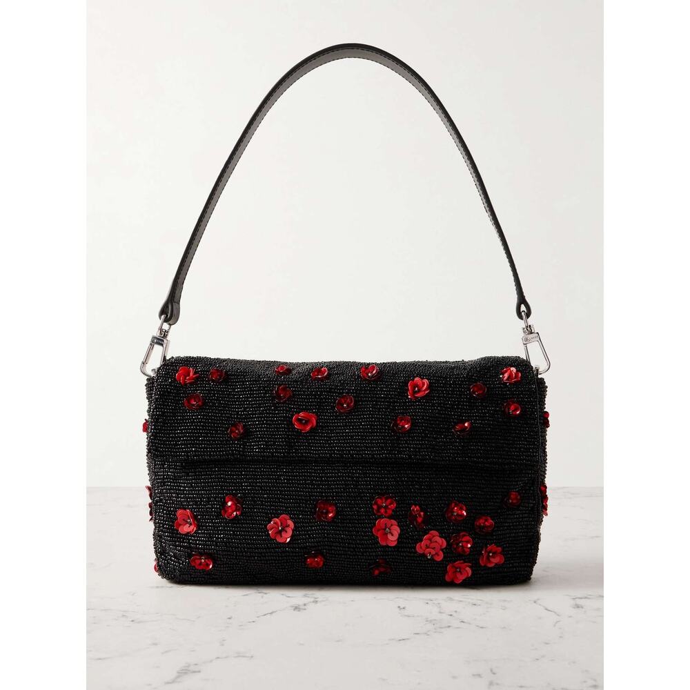 STAUD Timmy Beaded Floral Clutch Bag Poppy Red Sequin Shoulder Bag